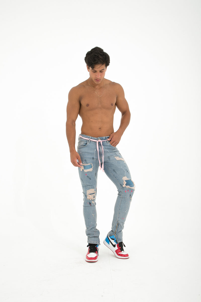 Flared Lichtblauwe Heren Jeans met Gaten, Scheuren en Vlekken - Herenkleding Vibes Fashion