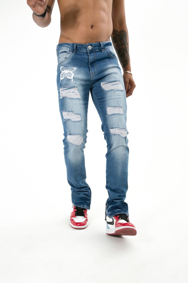 Flared Jeans 'Abu Dhabi' voor Heren met Sscheuren en Witte Vlinder - Herenkleding Vibes Fashion