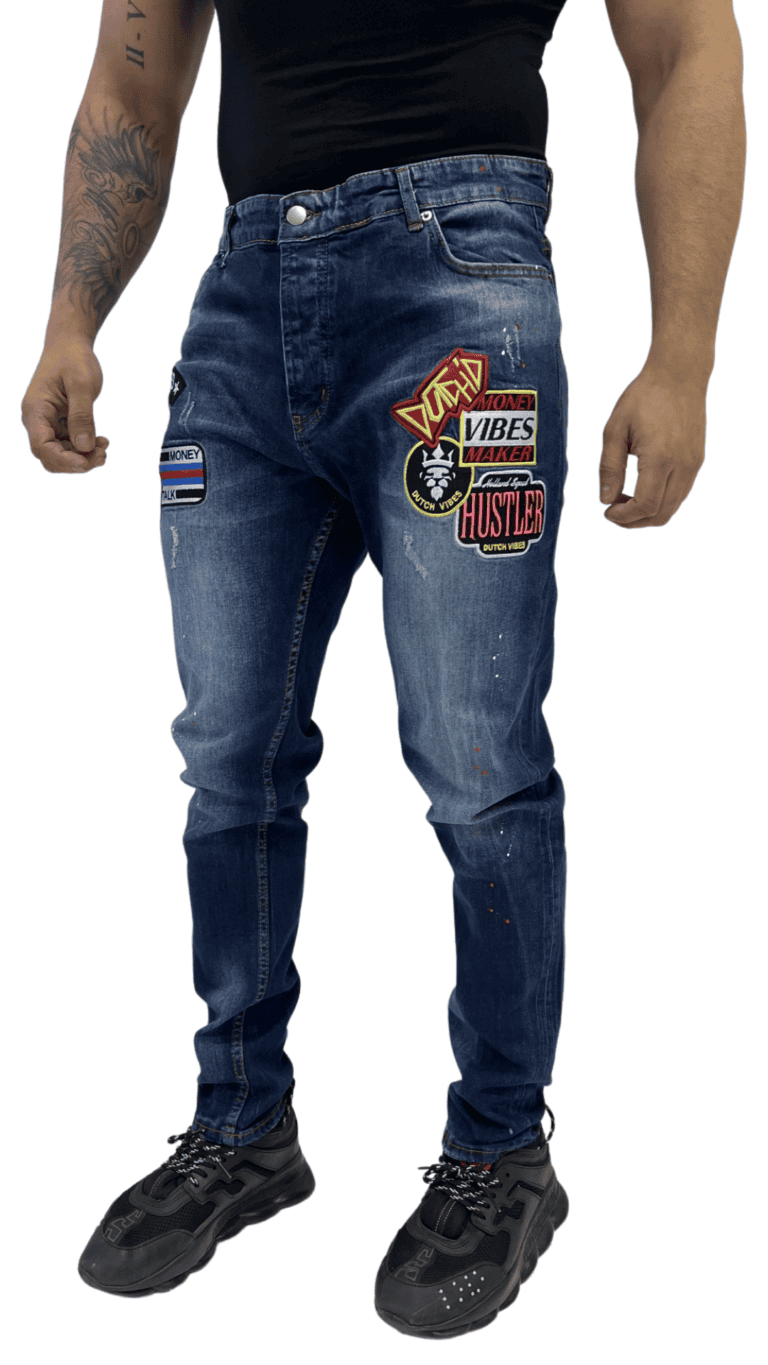 DutchVibes Plus Size Slim Fit Stretch Jeans Met Emblemen Voor Heren - Pistons
