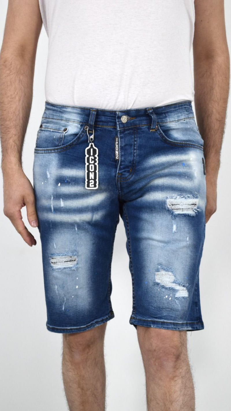 zout Metafoor Onrechtvaardig Sky Blue short jeans heren 'Arjun' Met scheuren en Witte verfspatten