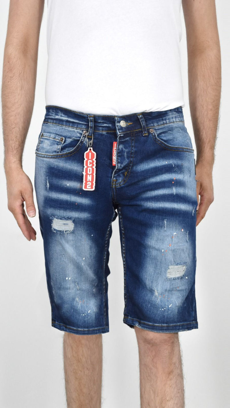 The ICON 'Chambray' Slim Fit Stretch Short Jeans Met Rode verfspatten Voor Heren