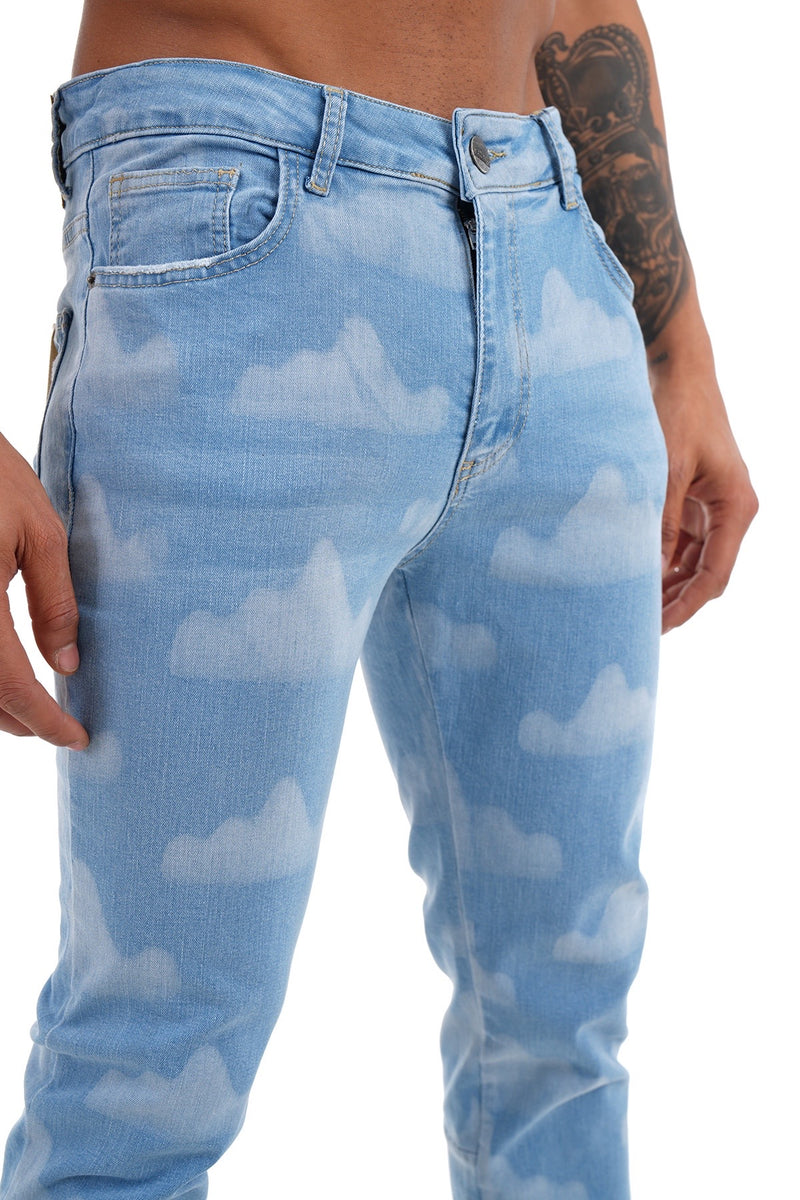 Flared Jeans met Ritssluiting & Full Printed Wolken Design Voor Heren - Clouds