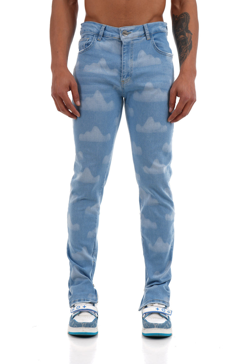 Flared Jeans met Ritssluiting & Full Printed Wolken Design Voor Heren - Clouds
