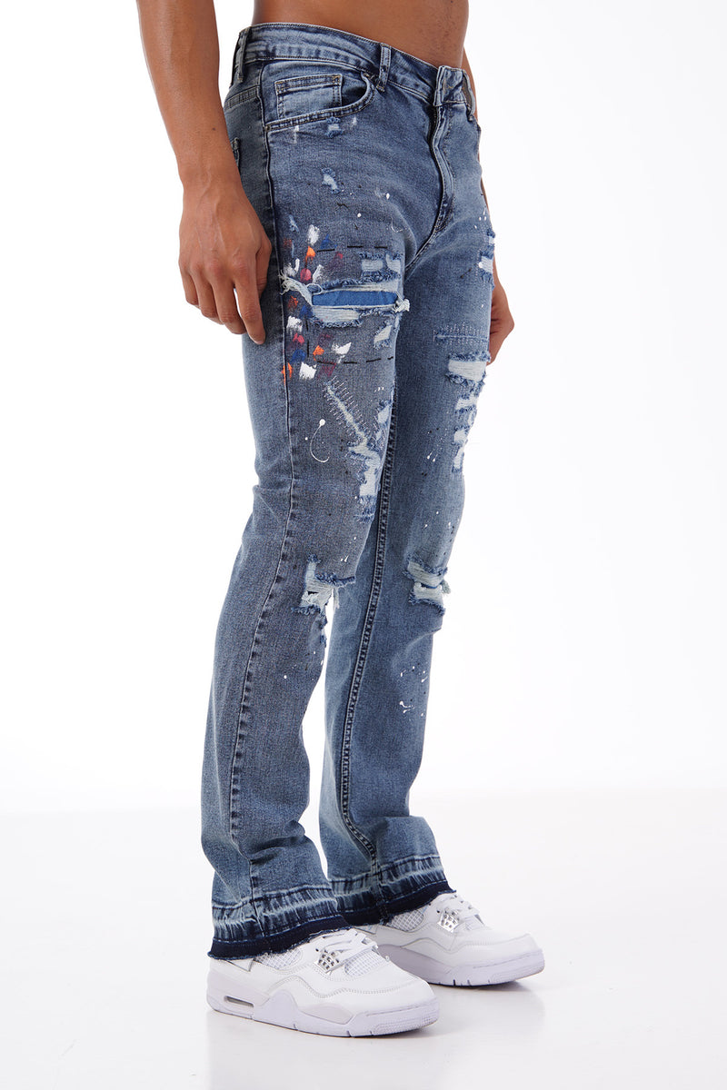 Traveler Flared Jeans Met Veel Scheuren & Meerkleurige Spetters - Celadon