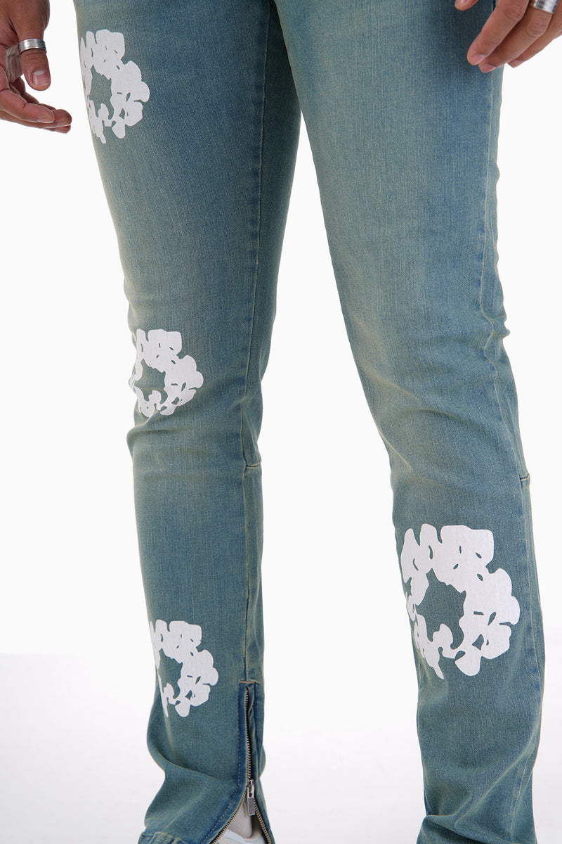 Flared Stretch Jeans Met Ritssluiting & Bloemen Design Voor Heren - Rovini