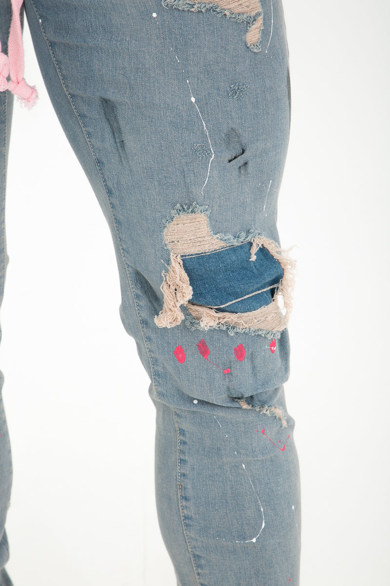 Flared Lichtblauwe Heren Jeans met Gaten, Scheuren en Vlekken - Herenkleding Vibes Fashion