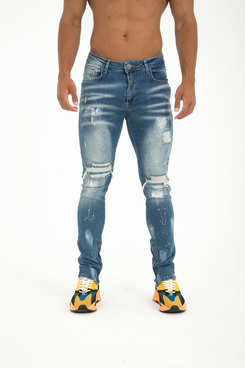 Flared Jeans 'Odin Blue' voor Heren met Scheuren en Verfspetters - Herenkleding Vibes Fashion