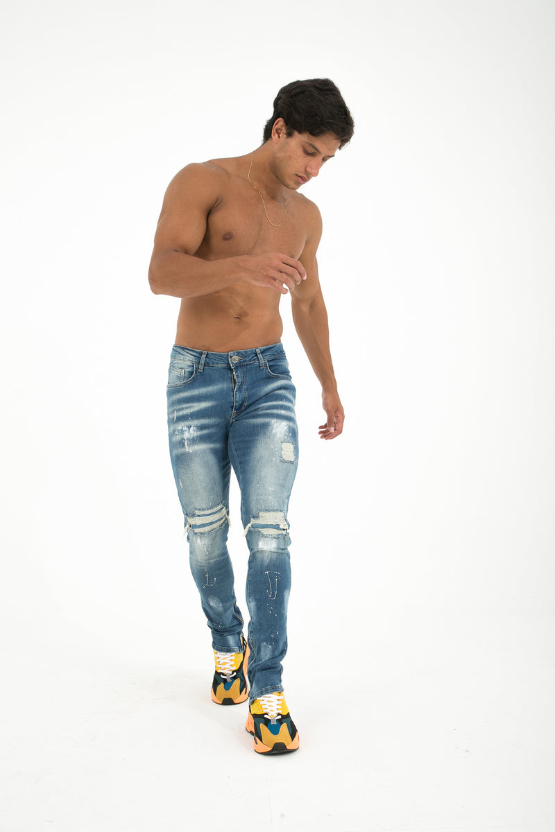 Flared Jeans 'Odin Blue' voor Heren met Scheuren en Verfspetters - Herenkleding Vibes Fashion