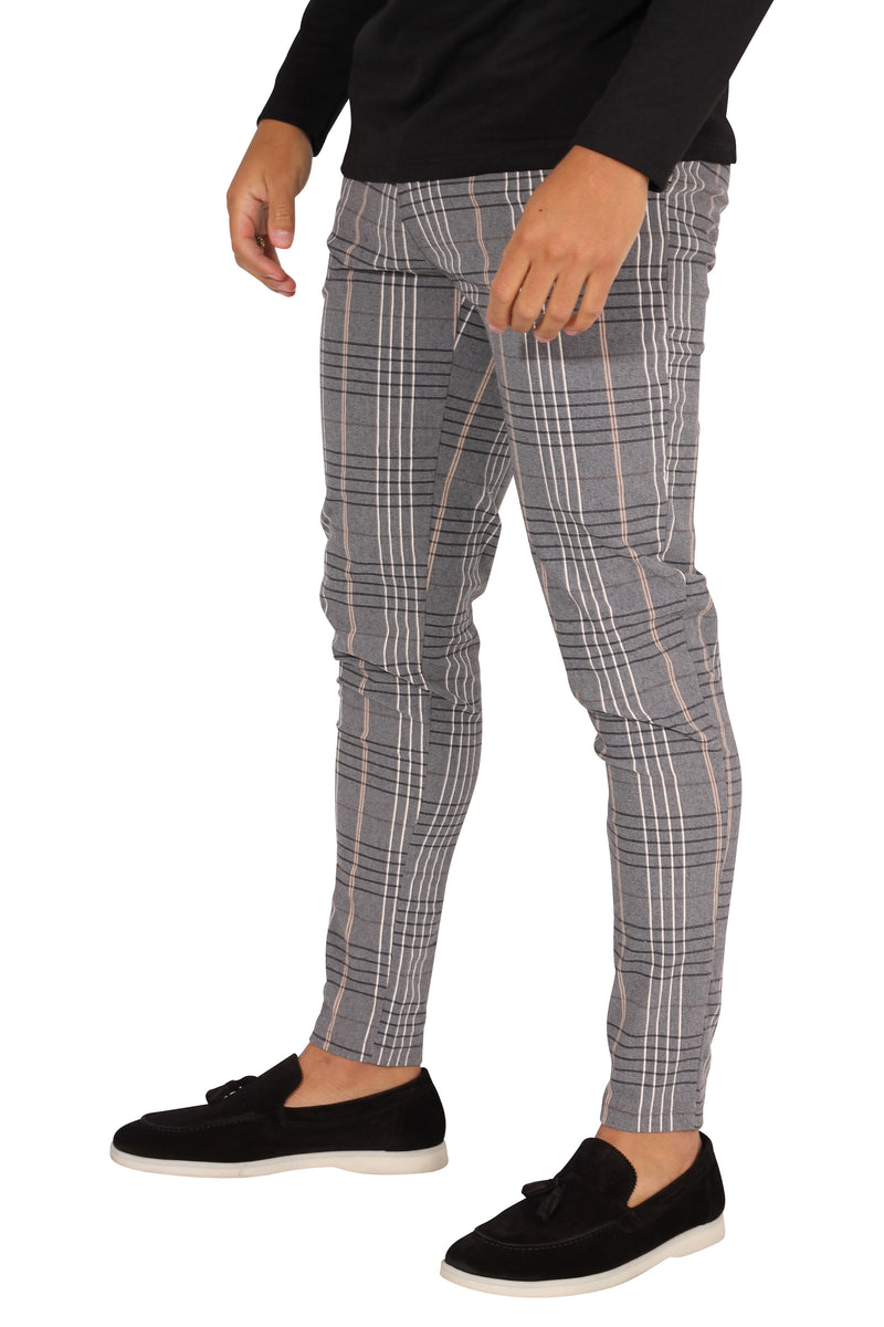 Chino Pantalon voor Heren - Grijs Geruit Basic Stretch Skinny met Beige Accenten