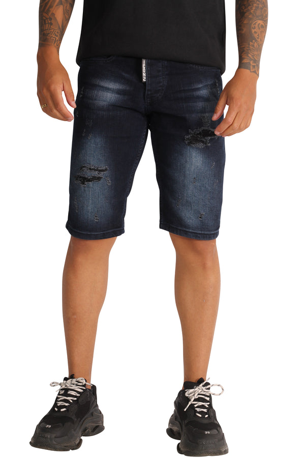 Donkerblauwe heren short jeans icon met scheurtjes - Herenkleding Vibes Fashion