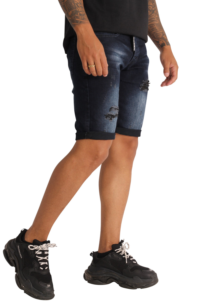 Donkerblauwe heren short jeans icon met scheurtjes - Herenkleding Vibes Fashion