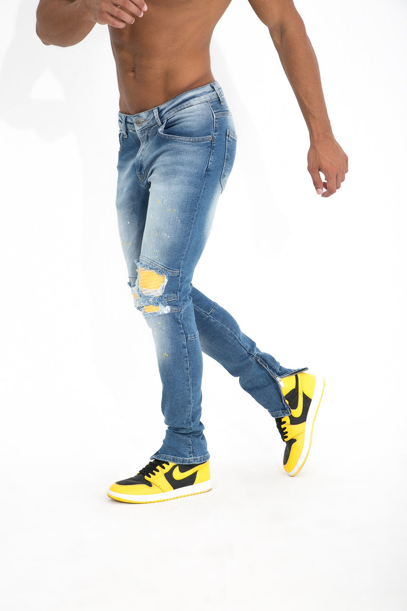 Flared jeans heren 'Casablanca Yellow' lichtblauw met verfspetters - Herenkleding Vibes Fashion