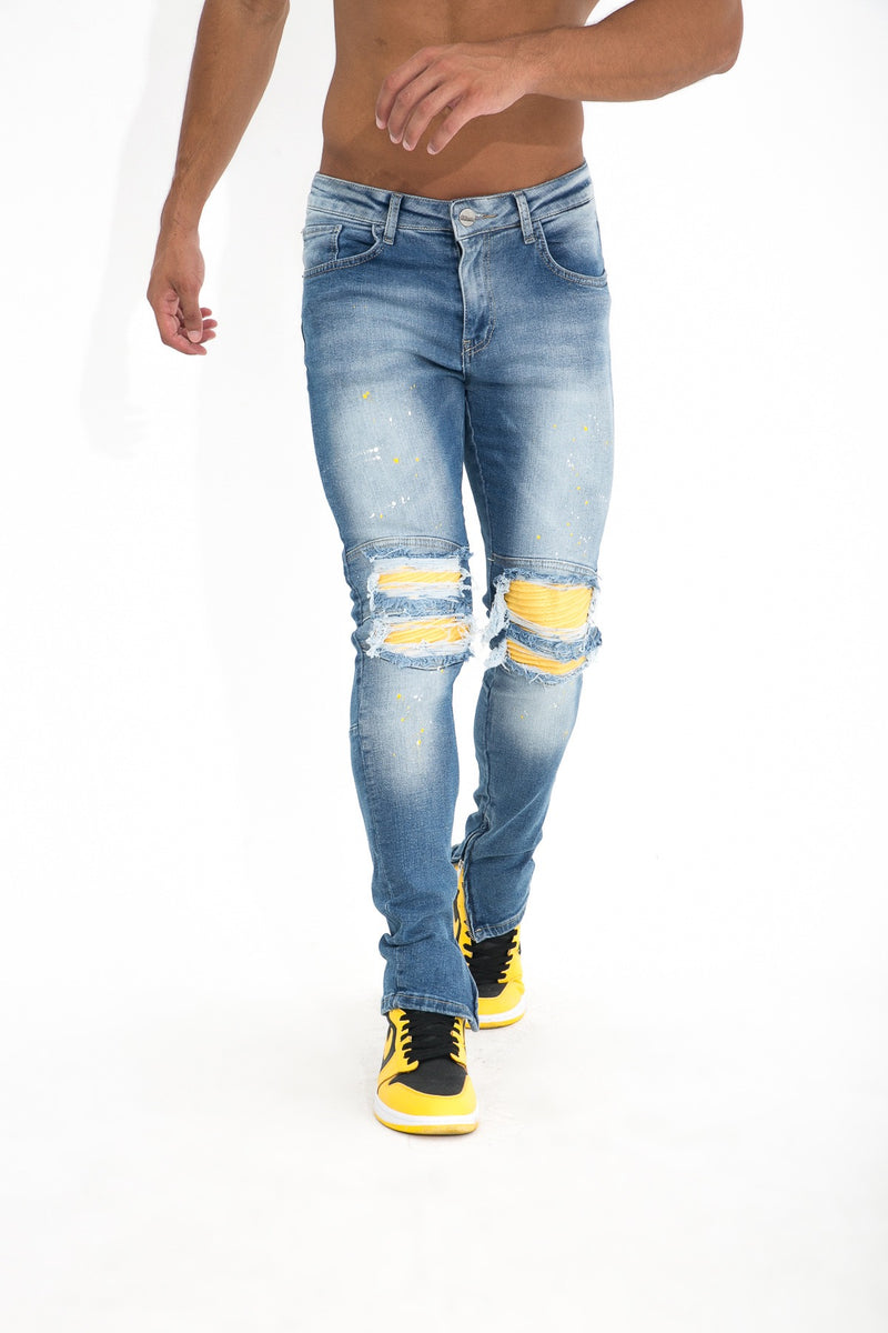 Flared jeans heren 'Casablanca Yellow' lichtblauw met verfspetters - Herenkleding Vibes Fashion