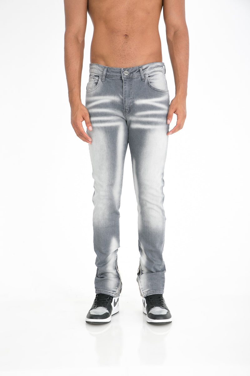 Flared jeans heren 'Oplas' lichtgrijs met witte wassing stretch - Herenkleding Vibes Fashion